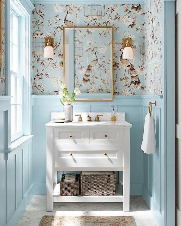 Perfect Powder Room Ideas in a blue wallpaperd bathroom