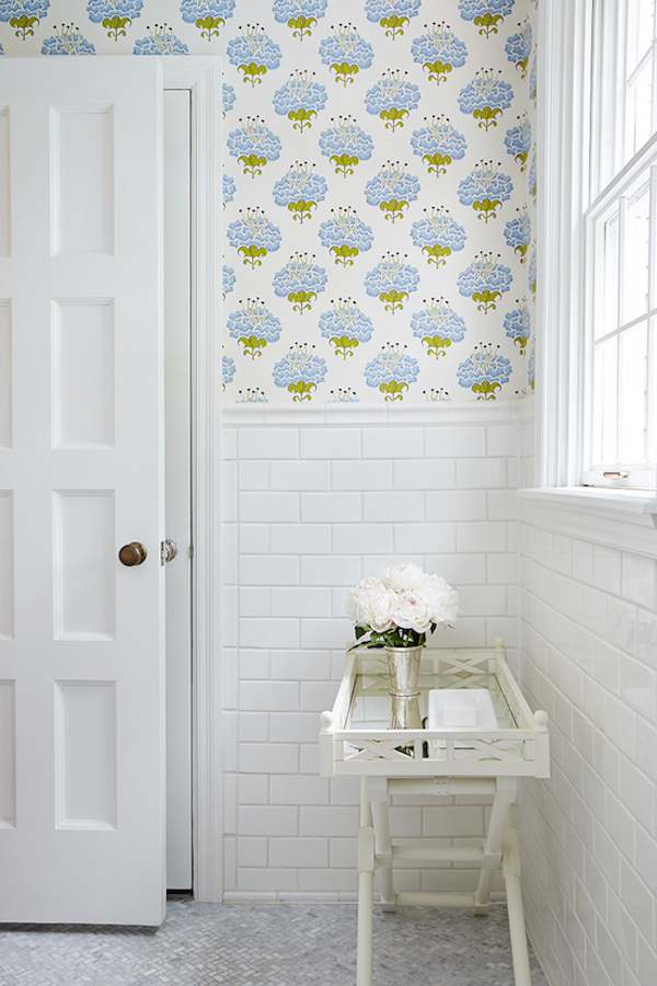 blue and white floral wallpaper in bathroom