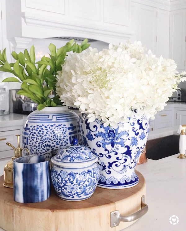 white hydrangea blue pots