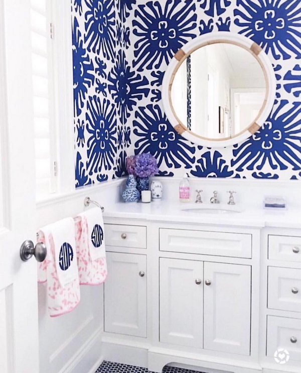 blue and white wallpaper in our bathroom, perfect pick for our home