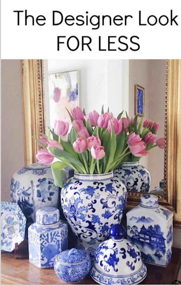 blue and white vignette of vases and gold mirror blue and white vignette of vases and gold mirror