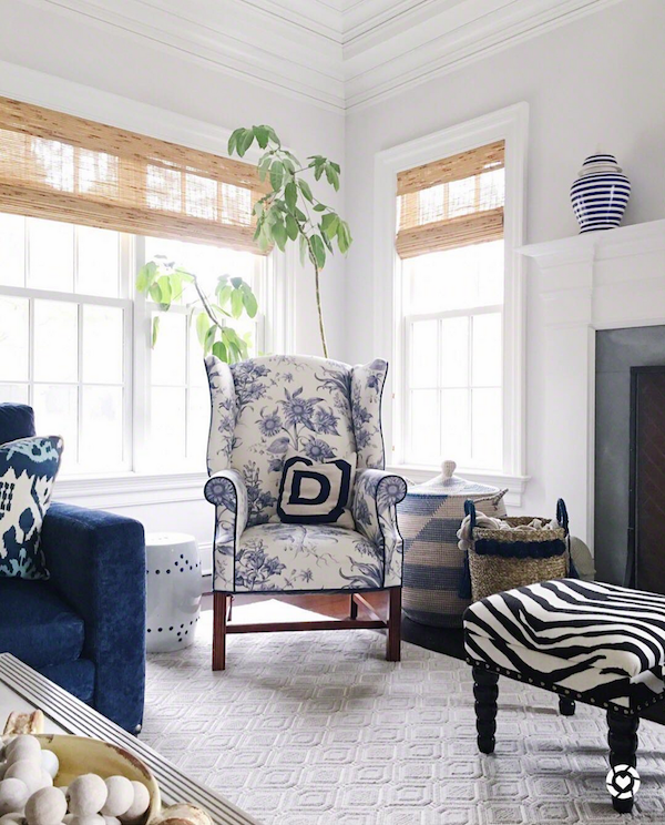 blue and white family room with bamboo blinds and greenery blue and white family room with bamboo blinds and greenery