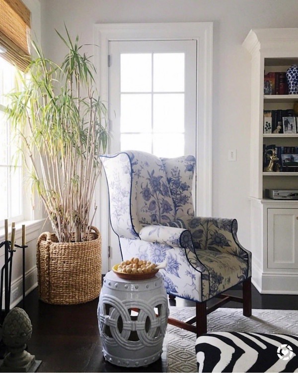 home decorating idea on a budget - rearrange furniture, like this blue and white wingchair
