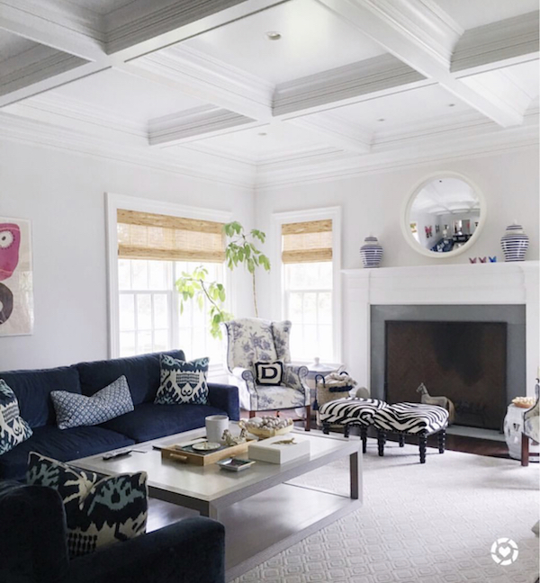 blue and white family room with calm paint wall color