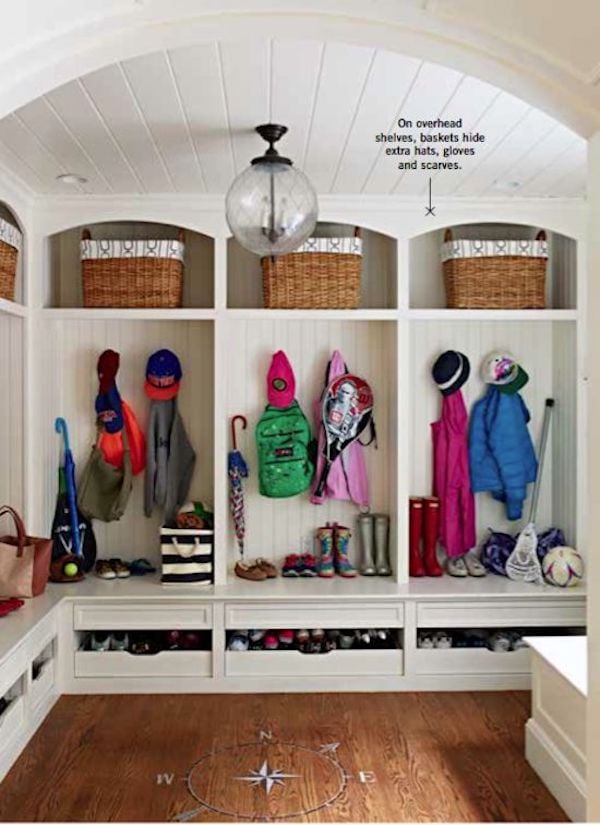 built ins in mudroom painted in Benjamin Moore's White Dove