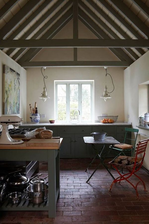 kitchen with beams and walls painted with pointed by Farrow and Ball