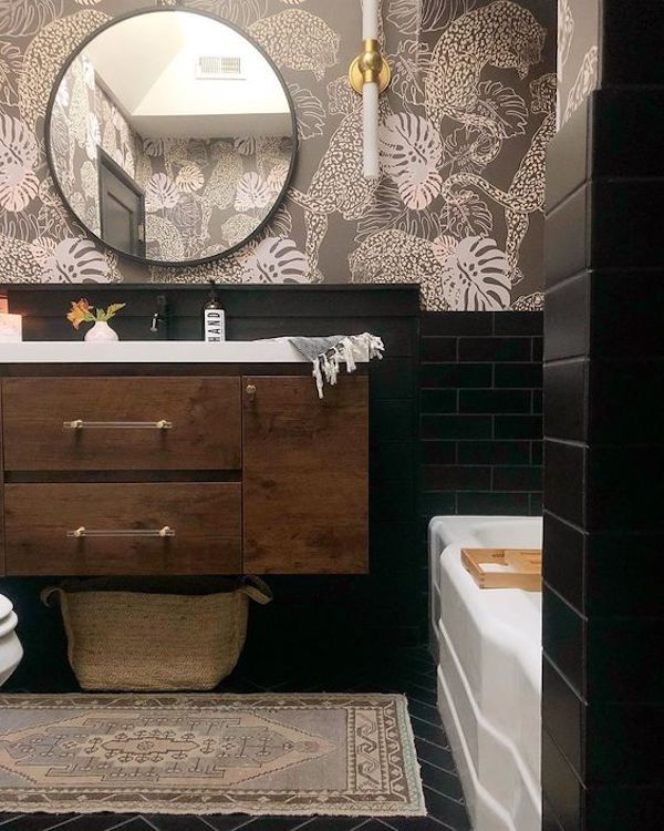 wallpapered bathroom by Shavonda Gardner follow her on Instagram 