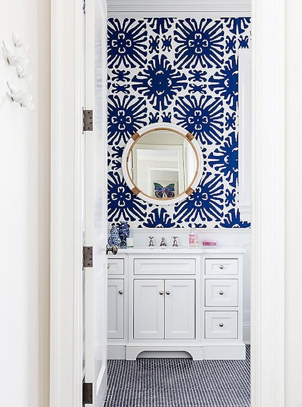 penny tile floor in our blue and white bath