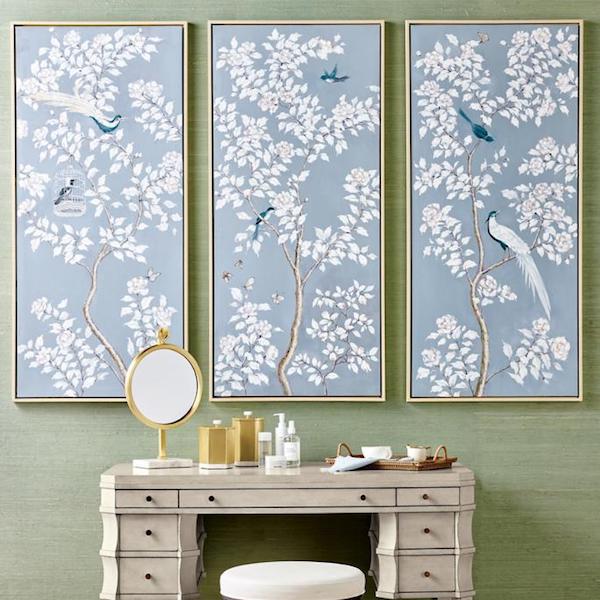 Handpainted Triptych of framed Chinoiserie panels in blue and white