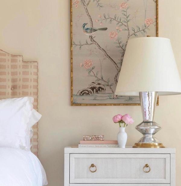 bedroom nightstand with a framed affordable Chinoiserie panel behind it