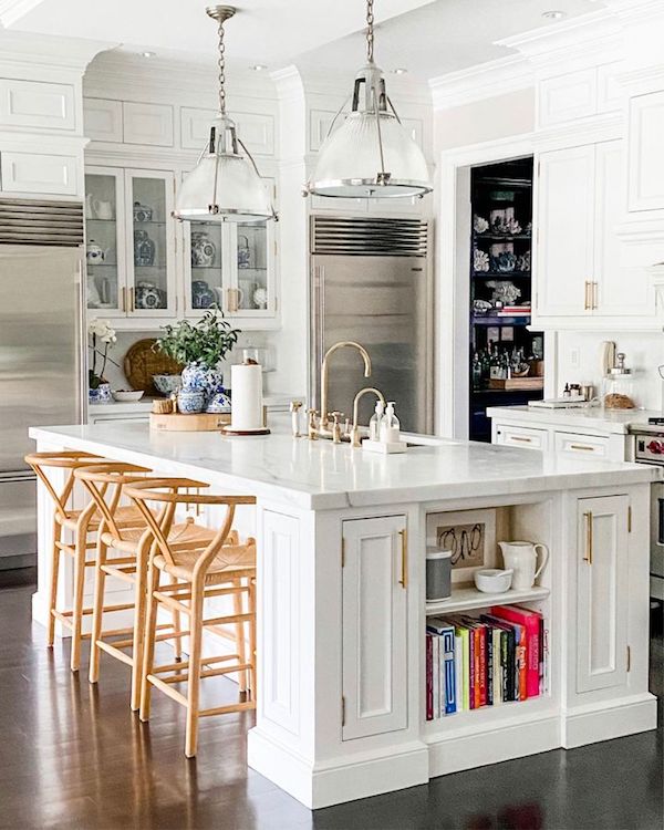 modern white kitchen with new, updated pendant lights