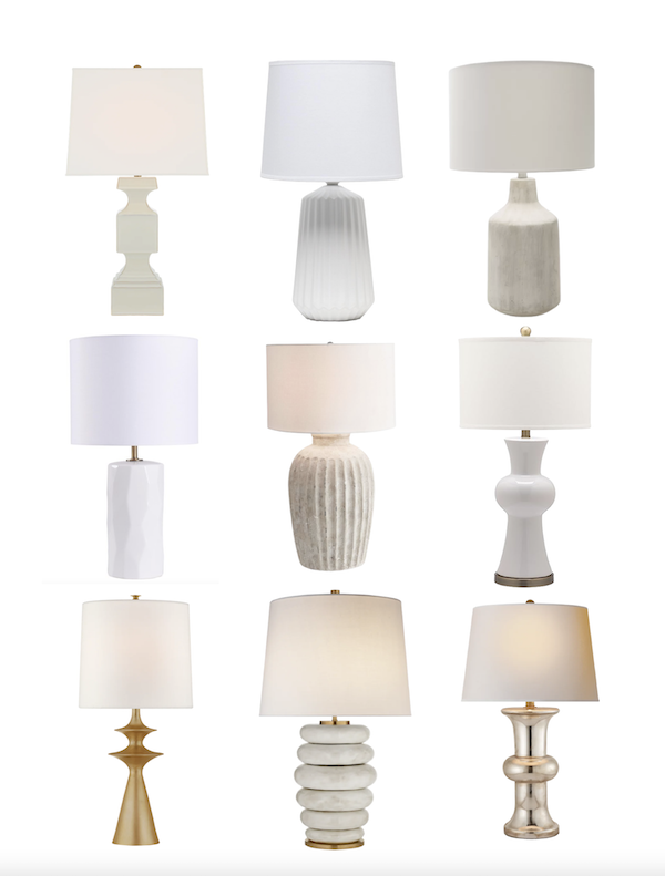 collage of nine different table lamps.