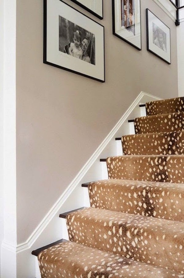 black and white photos on a staircase wall