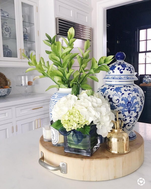 fresh flowers on a kitchen island