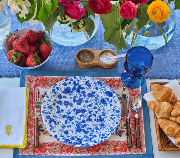 outdoor entertaining table top with blue and white