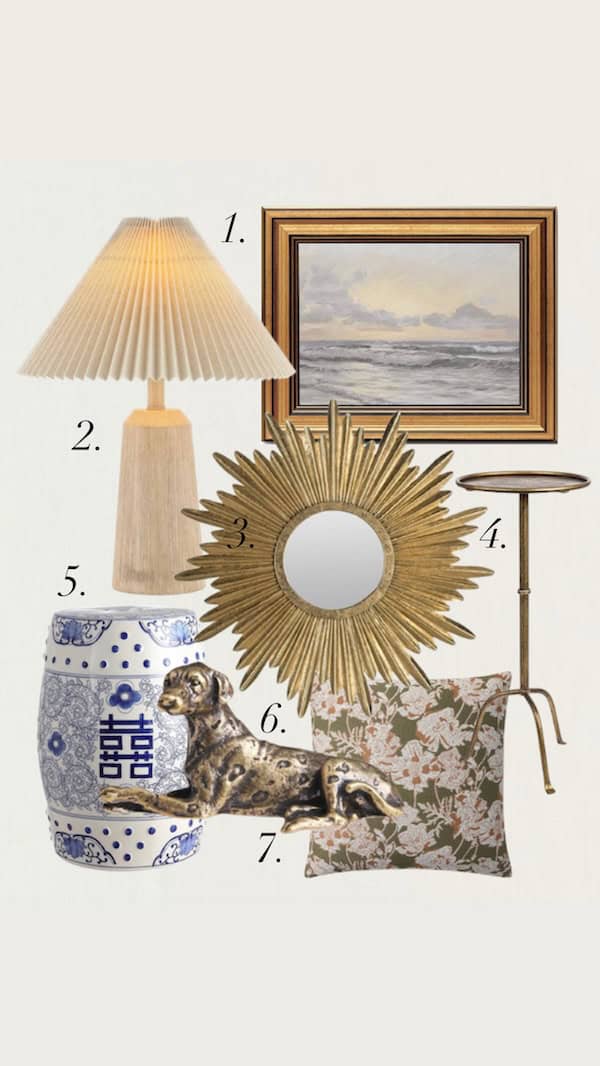 collage of vintage inspired home decor finds all from Amazon.
