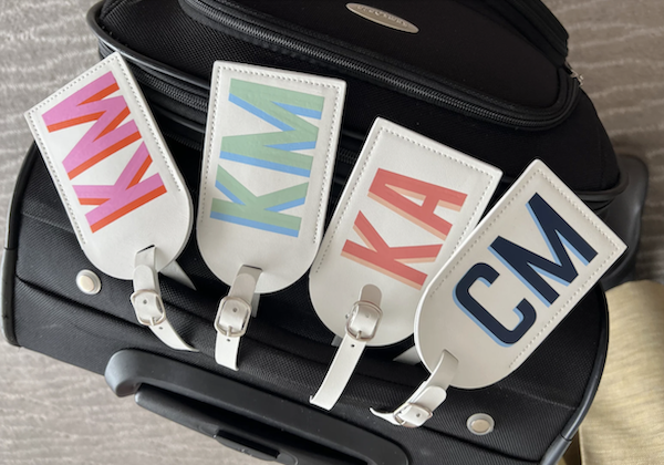 monogram gifts, luggage tags.