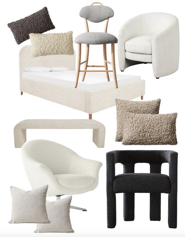 collage of boucle and sherpa home decor pieces