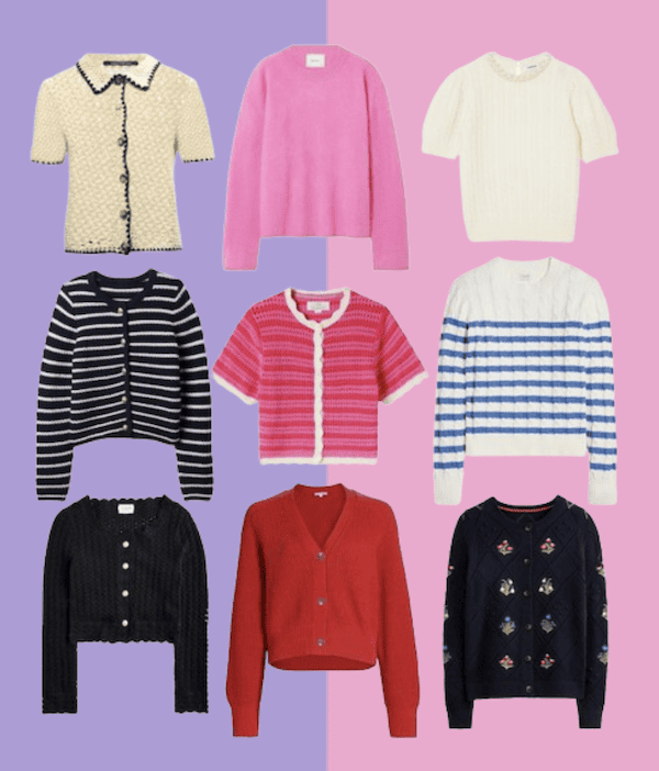 collage of spring sweaters.