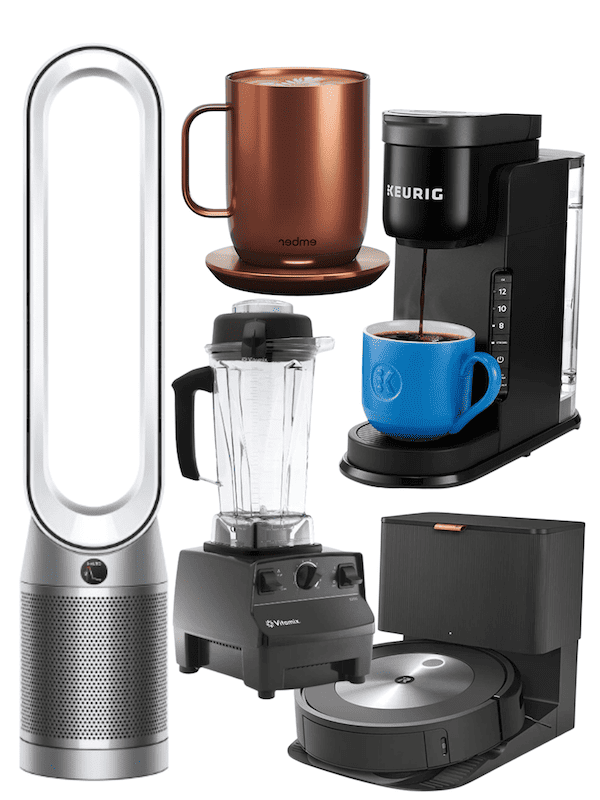 collage of Amazon Prime deals coffee maker fan blender.