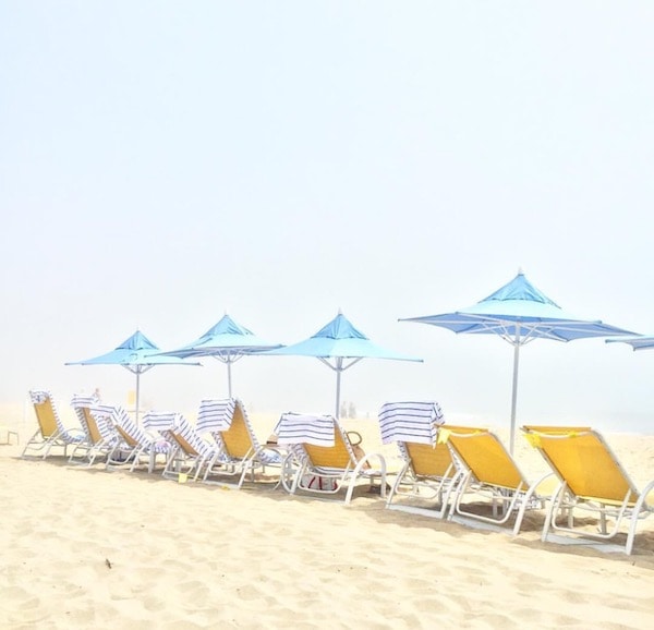 Beach chairs and umbrellas lined up in the sand.