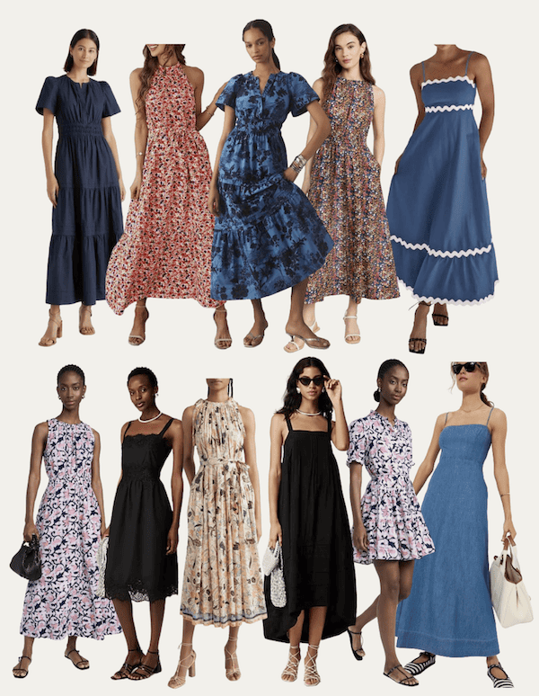 collage of summer dresses.