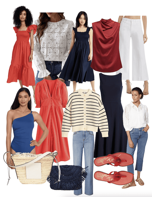 Women's fashion collage of July Fourth outfit ideas.