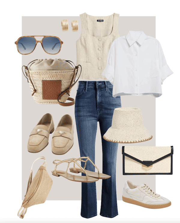 collage of classic neutral fashion for spring and summer.