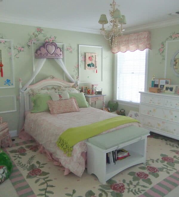 Little girls room with sage green walls.