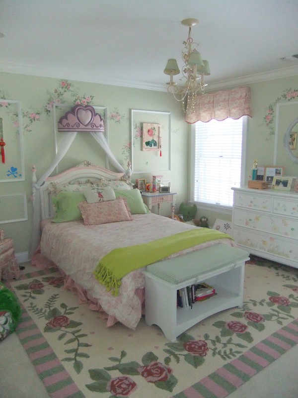 Little girls room with sage green walls.