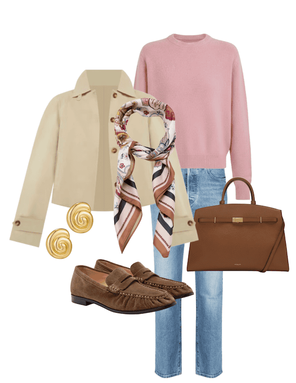 collage of winter to spring transitional weather outfit idea.