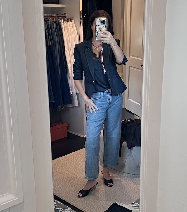 under $200. camisole with blazer and jeans.