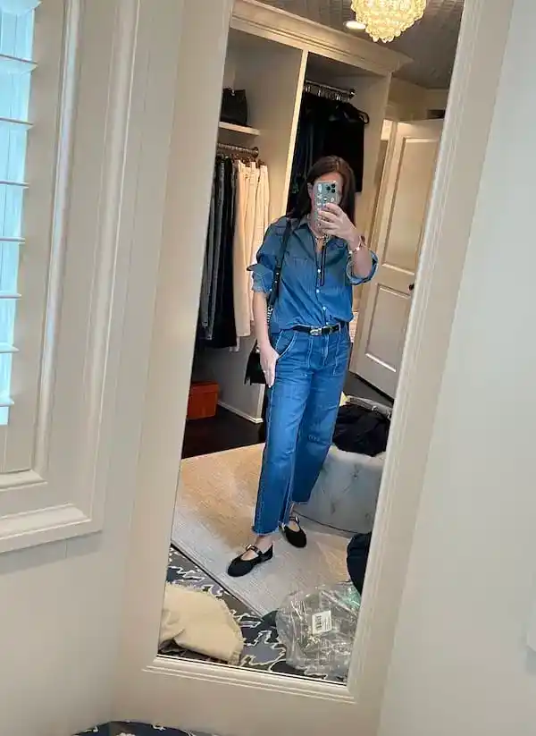 Barrel leg jeans outfit for women over 50 styled with Mary Jane flats.