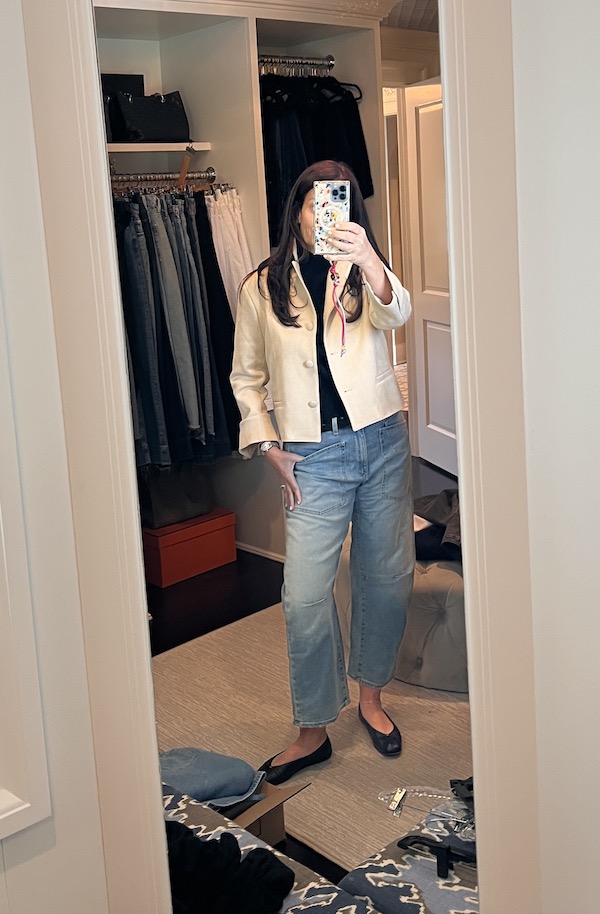 woman over 50 with casual elevated basics on.